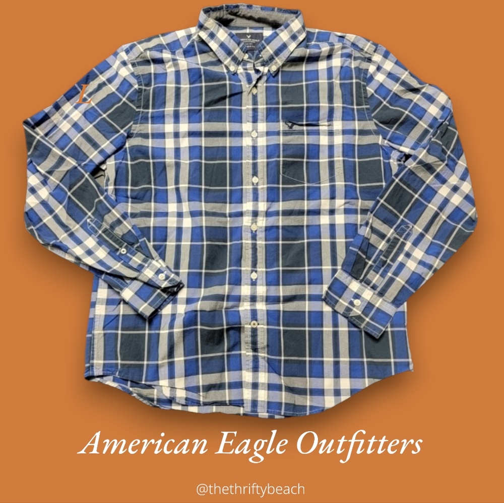 American Eagle Men’s Plaid Button Down Shirt Large Classic Fit Blue White